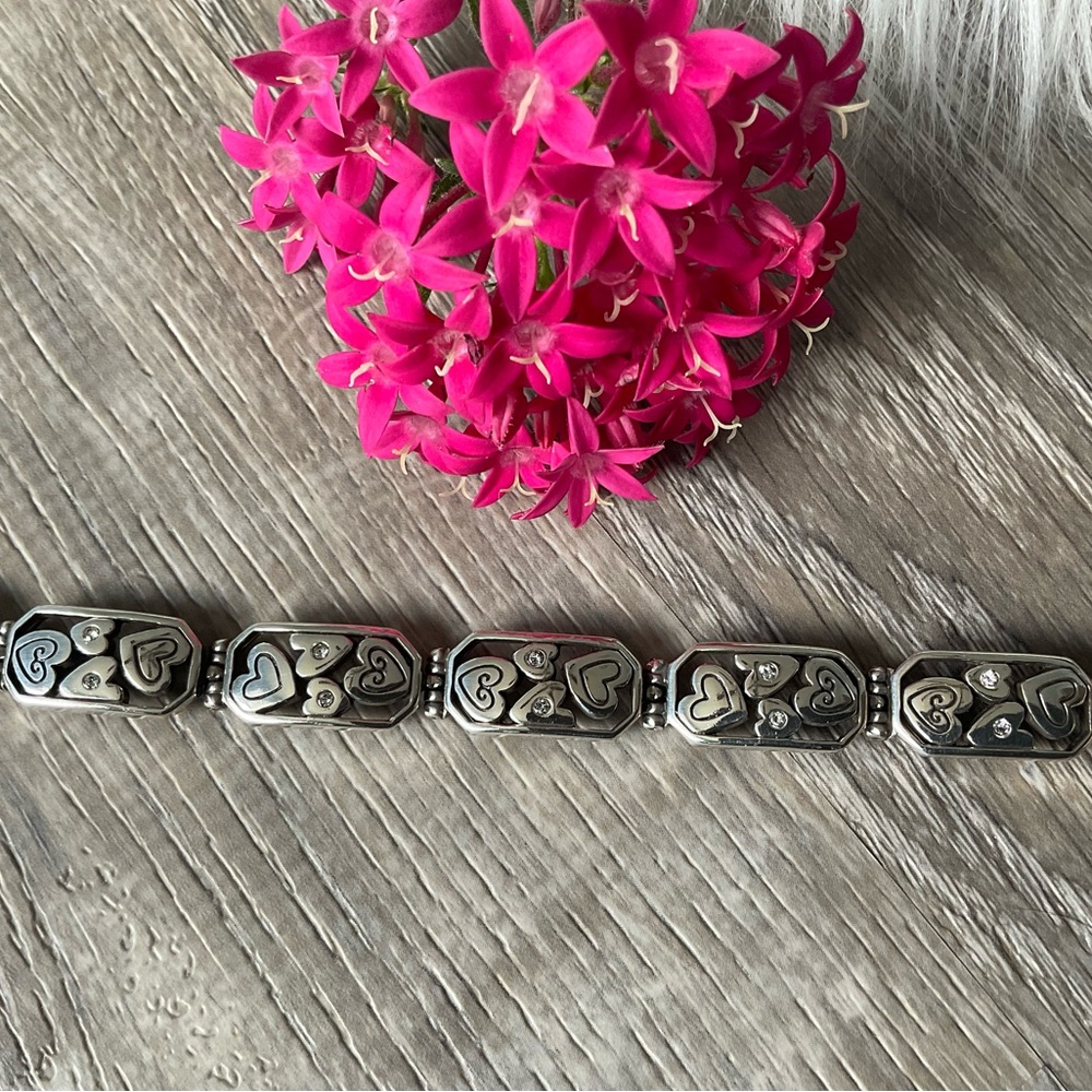 🌸 BRIGHTON Retired Heart Silver Link Crystal Bracelet Adjustable